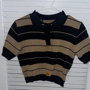 Striped Polo Crop Top in Black and Tan